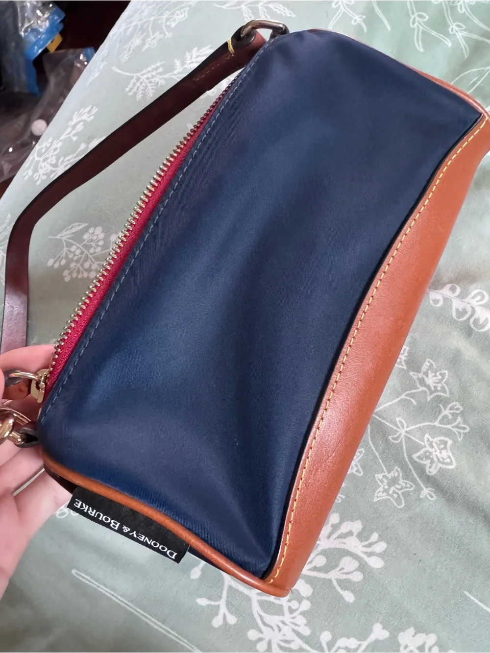 Dooney & Bourke Navy and Brown Leather-Trim Wristlet with Pink Zip